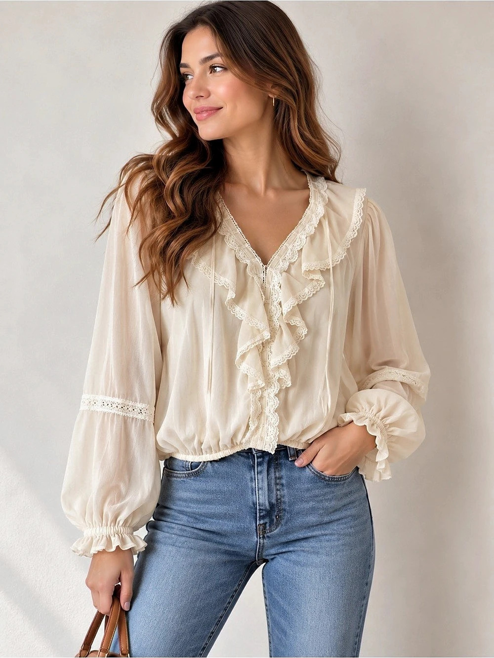 Easel Lace Ruffle Blouse in Cream Like New